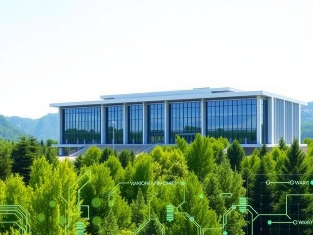 Flick International Modern government building symbolizing efficiency and transparency amidst lush national park land