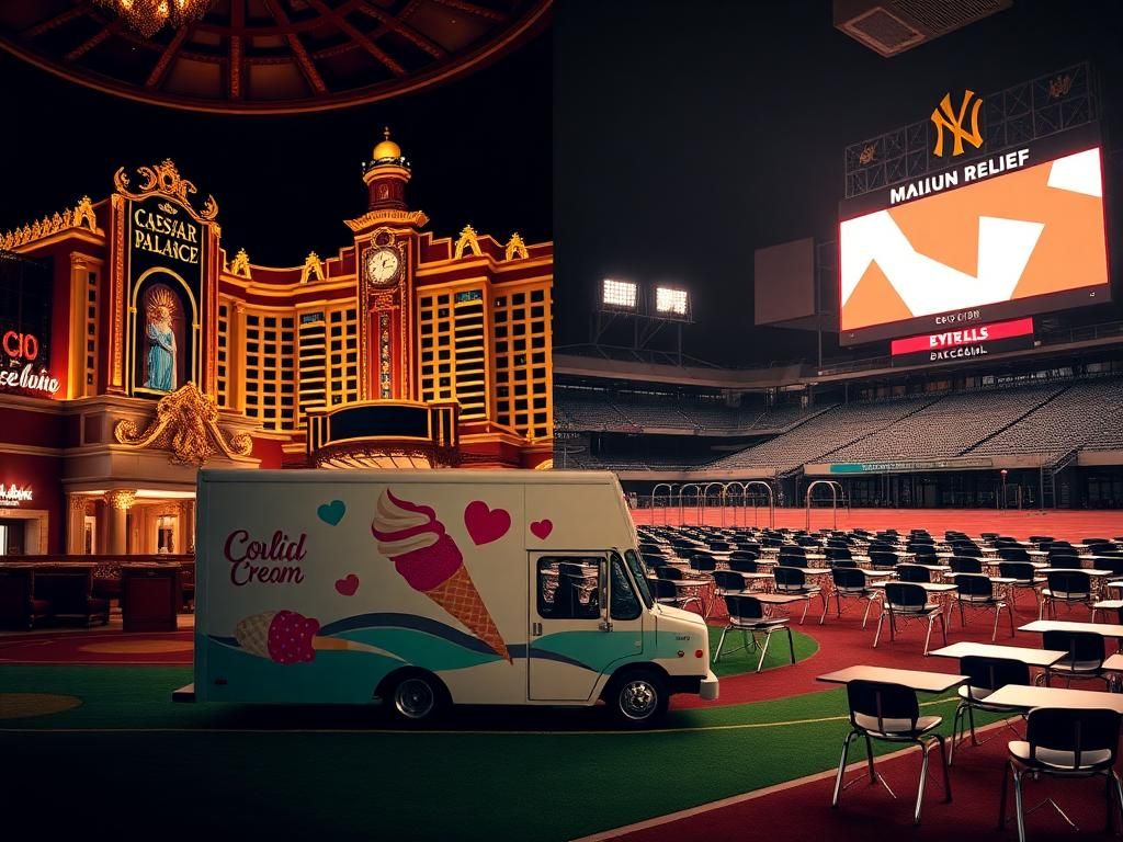 Flick International Dramatic split-scene image contrasting a luxurious Las Vegas hotel at Caesars Palace with an empty MLB stadium and an ice cream truck on a school playground.