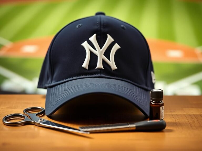 Flick International Close-up of a New York Yankees baseball cap surrounded by grooming tools