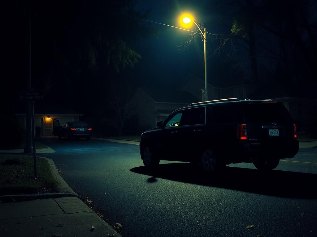 Flick International Dark-colored SUV parked on a quiet suburban street with faint streetlight glow