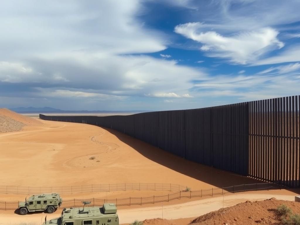 Flick International A wide-angle view of the U.S.-Mexico border with military equipment and a reinforced wall