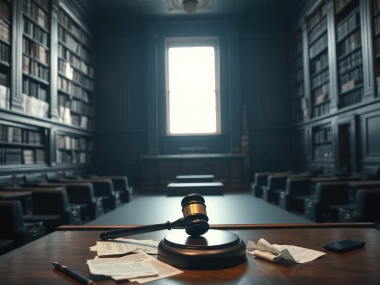 Flick International A dimly lit courtroom with an empty witness stand