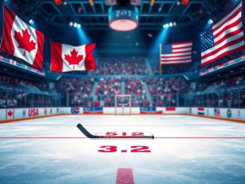 Flick International Empty ice hockey rink showcasing Canadian and American flags, symbolizing the rivalry in the 4 Nations final.