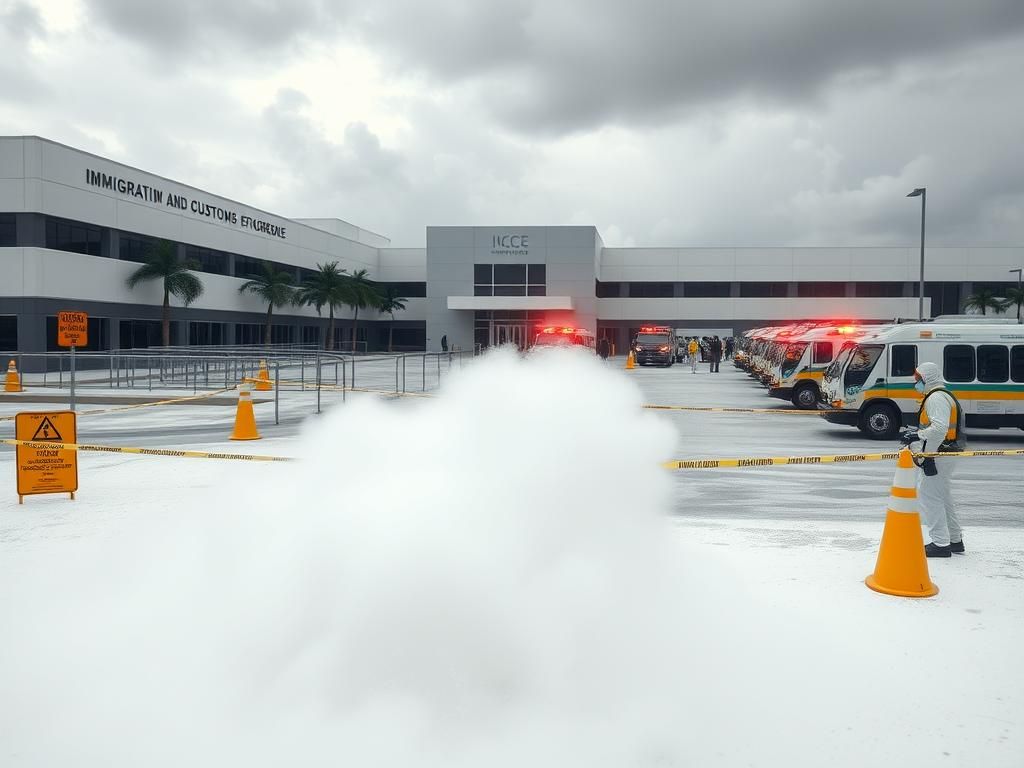 Flick International Emergency scene outside Florida ICE facility with police tape and a cloud of suspicious white powder