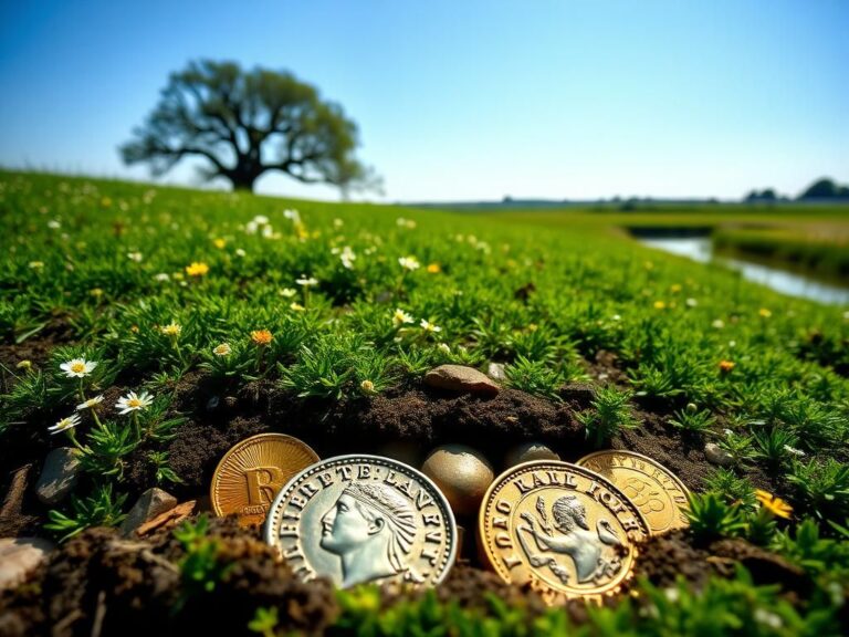 Flick International Gleaming gold and silver coins partially buried in rich soil, discovered by metal detectorists in the Netherlands