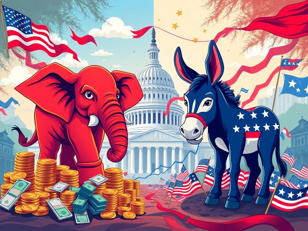 Flick International Dynamic illustration of a Republican elephant and Democratic donkey depicting contrasting financial situations in the House elections.