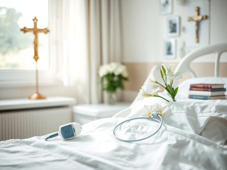 Flick International Hospital room with soft natural light and an oxygen mask on the pillow