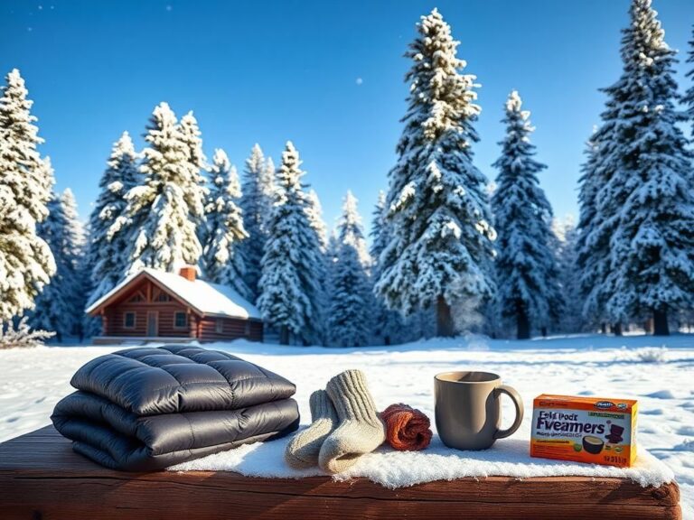 Flick International Cozy log cabin in a snow-covered forest with winter products.