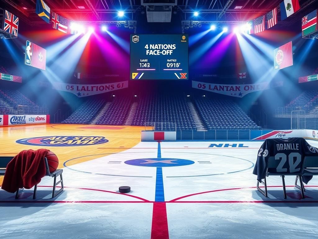 Flick International A vibrant basketball court alongside a hockey rink, showcasing the rivalry between NBA and NHL.