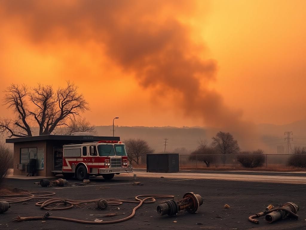 Flick International Smoky charred landscape in Los Angeles after a wildfire with ash-covered trees and skyline