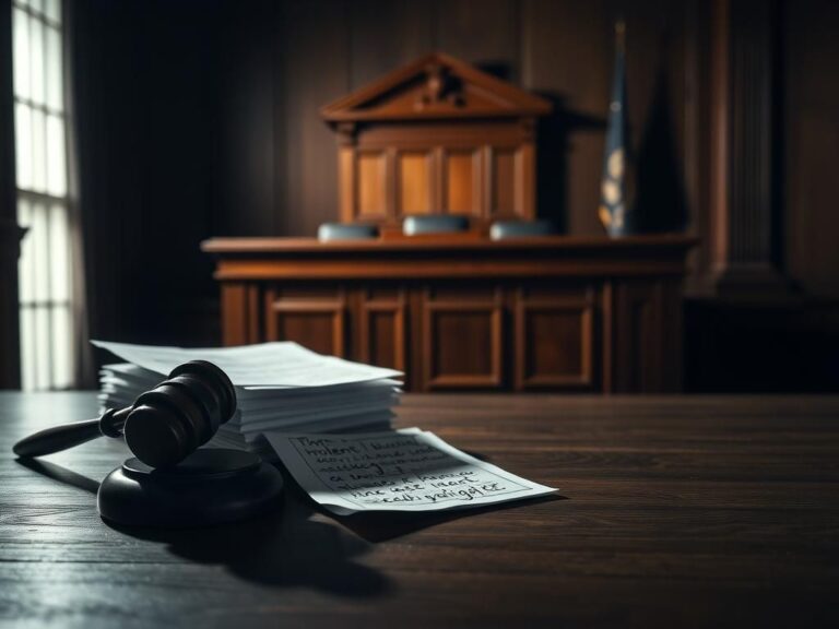 Flick International Dimly lit courtroom with legal documents and gavel symbolizing serious legal proceedings