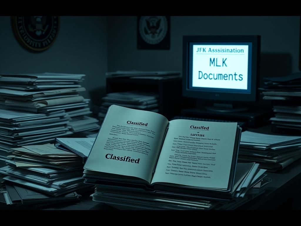 Flick International Cluttered desk with documents related to Epstein, JFK, and MLK investigations