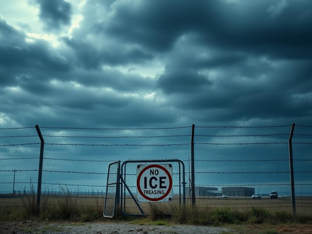 Flick International A somber landscape of a border crossing with barbed wire and a closed gate