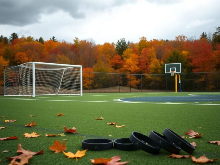 Flick International Serene outdoor sports field in New Hampshire with empty girls' soccer goal and colorful autumn leaves