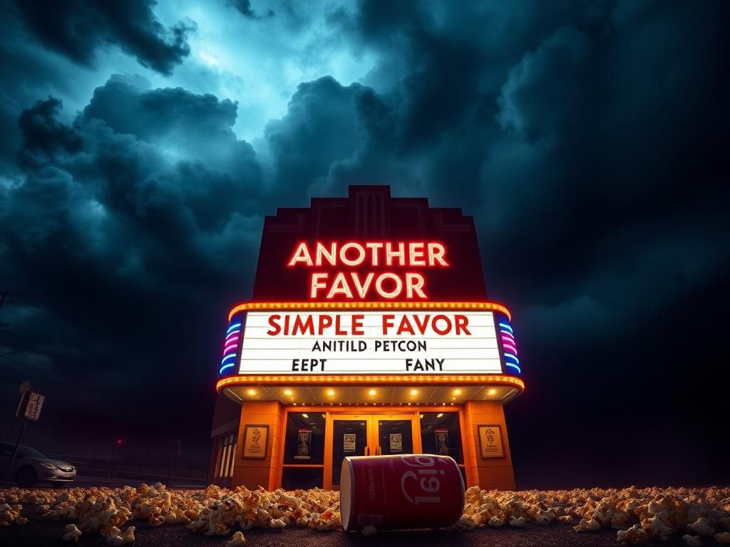 Flick International A dramatic movie theater marquee for 'Another Simple Favor' illuminated against a stormy night sky