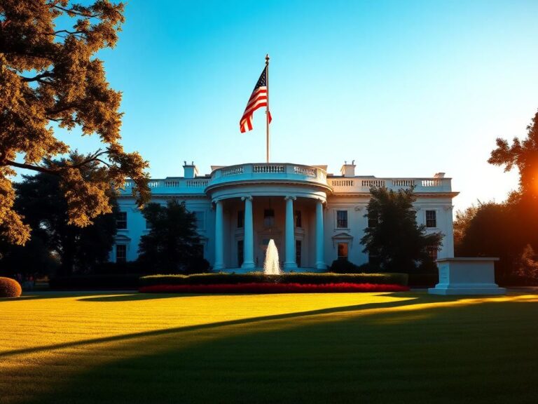 Flick International Elegant view of the White House with American flag and banner for commerce