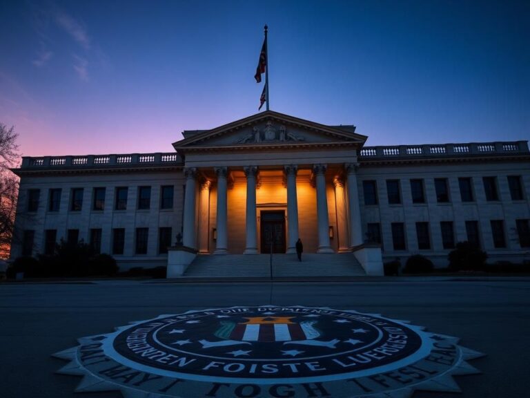 Flick International Exterior of the U.S. Department of Justice building at twilight