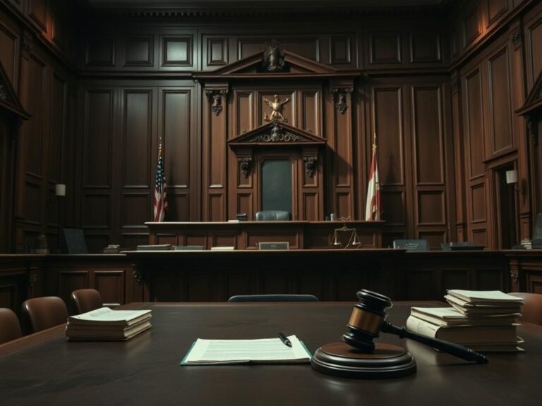 Flick International Somber courtroom interior with a wooden judge's bench and evidence table