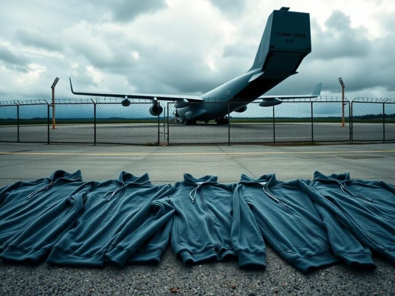 Flick International A somber tarmac at Guantánamo Bay with military airplane and gray sweatsuits.