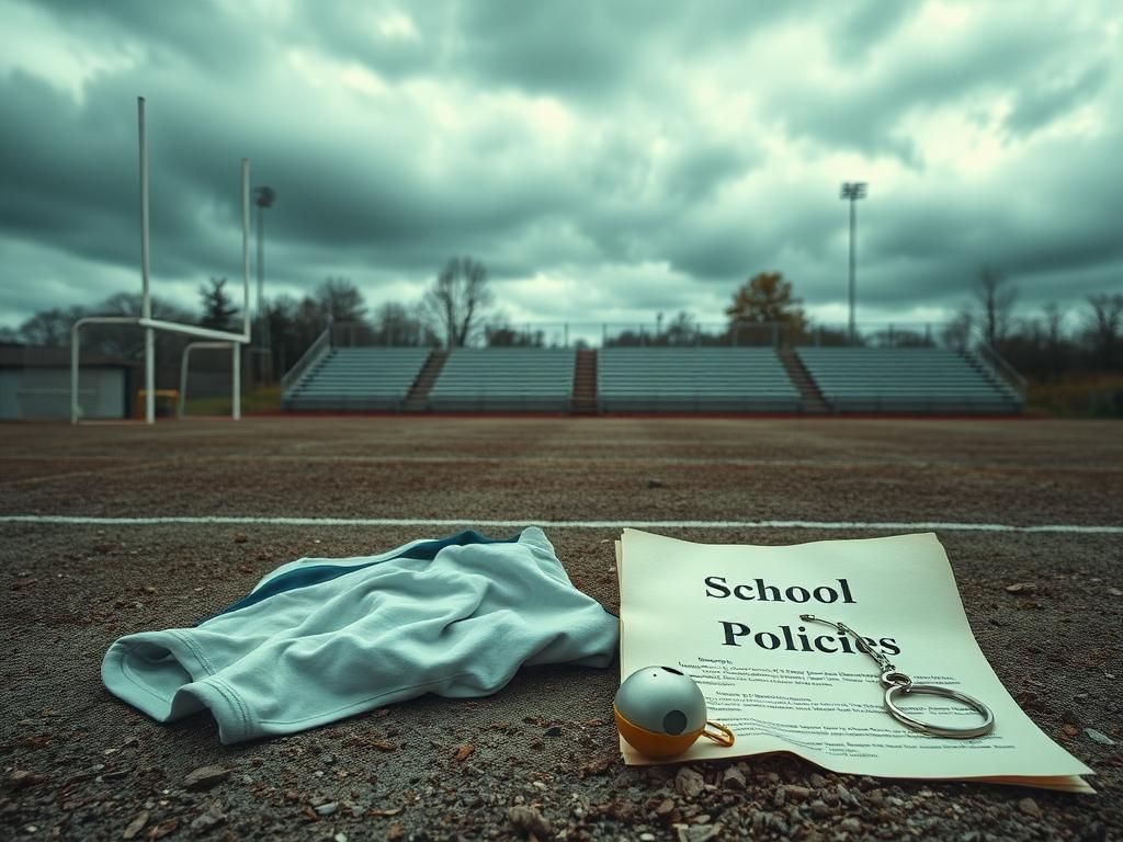 Flick International Worn-out goalposts on a barren school sports field with a crumpled jersey symbolizing gender controversy in sports