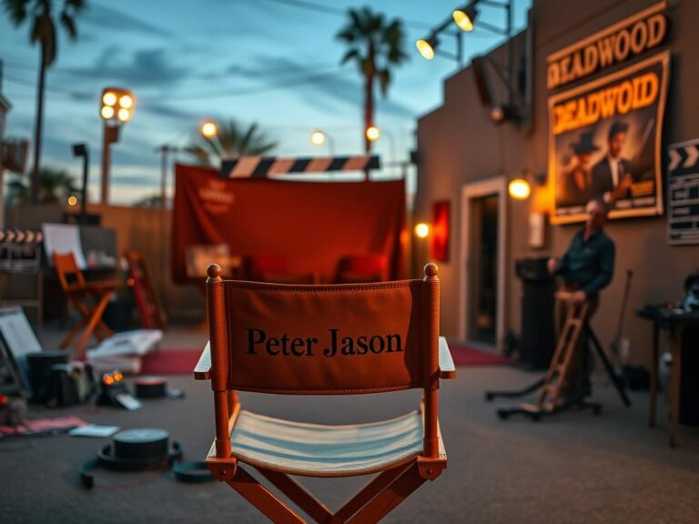 Flick International Vintage director's chair with 'Peter Jason' embroidered on it, surrounded by film scripts and awards on a tranquil film set