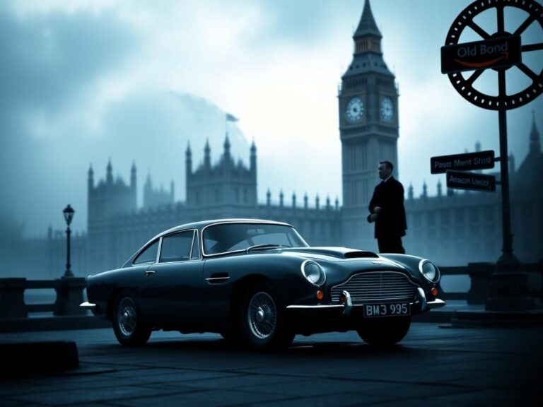 Flick International A classic vintage Aston Martin car parked in front of the Houses of Parliament, symbolizing the traditional essence of the James Bond franchise