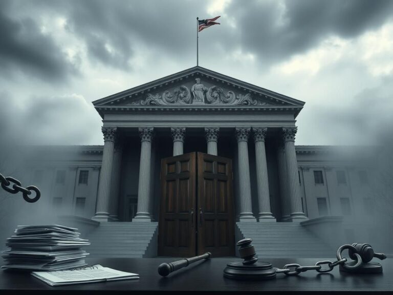 Flick International Dramatic depiction of a federal courthouse shrouded in mist