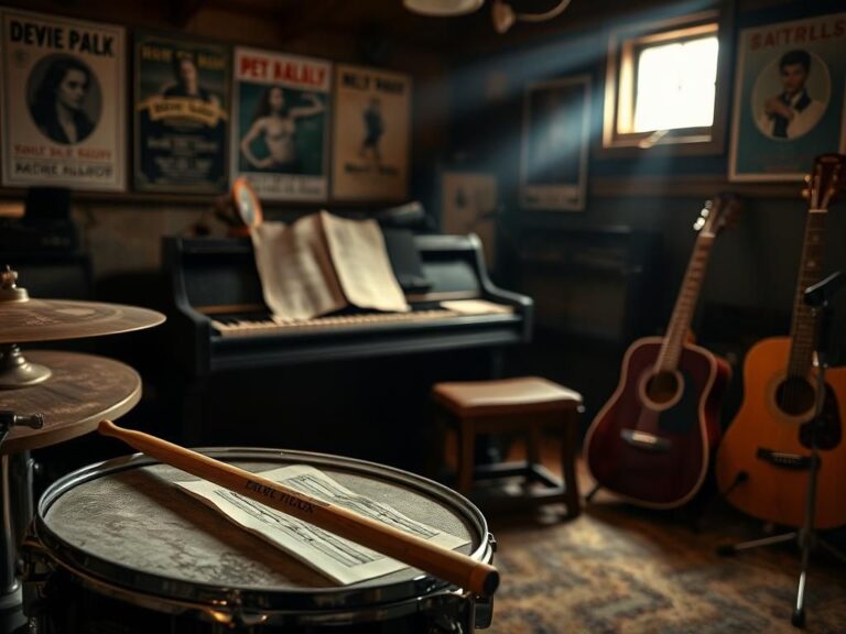 Flick International Abandoned drumsticks on an ornate drum set in a dimly lit music studio