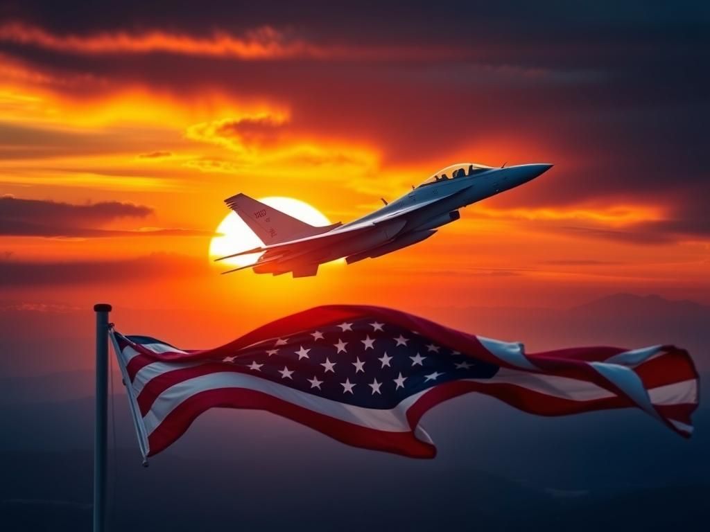 Flick International United States Air Force fighter jet soaring through a sunset sky with an American flag in the foreground