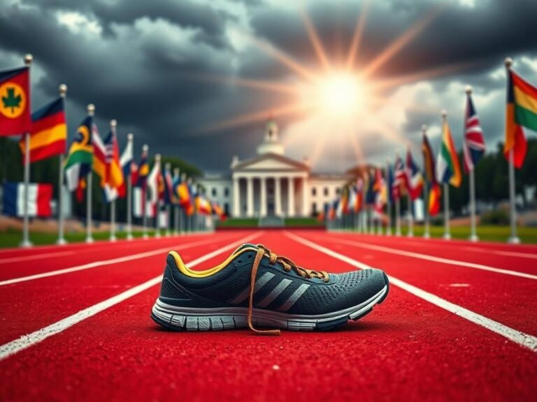 Flick International Symbolic representation of sports inclusion struggles with empty athletic field and running shoes