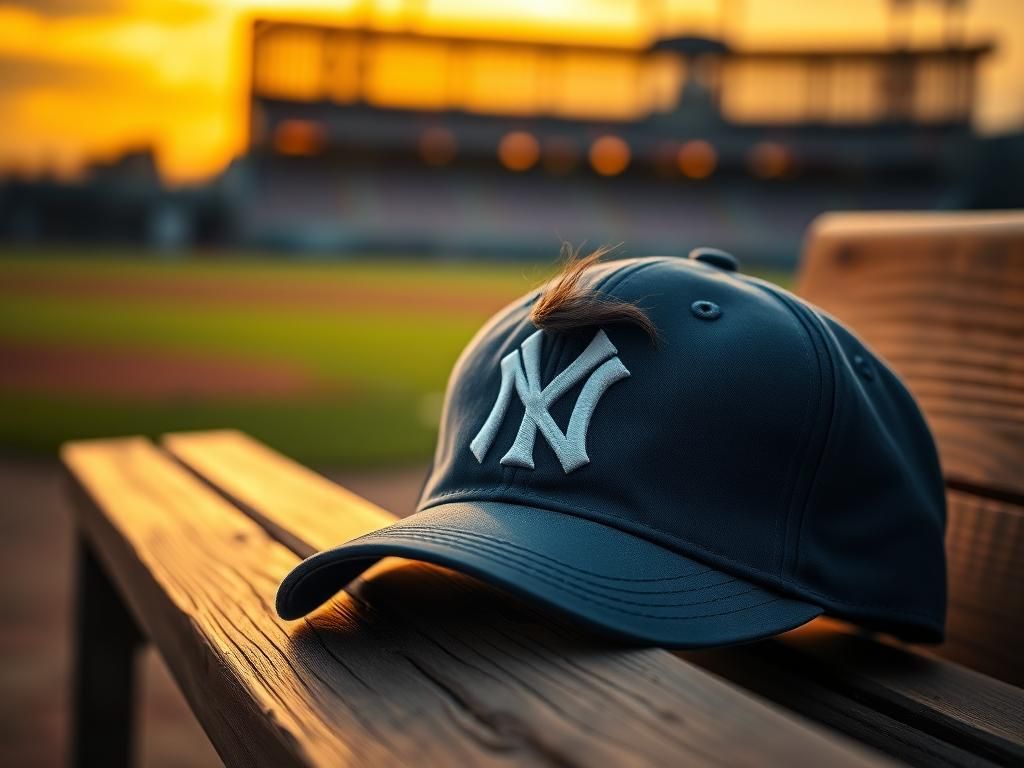 Flick International Close-up of a vintage New York Yankees cap with a beard hair on the brim