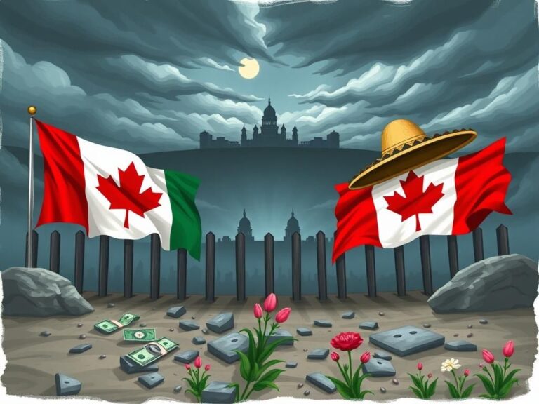 Flick International Dramatic landscape depicting the borders of Mexico and Canada with political and economic metaphors