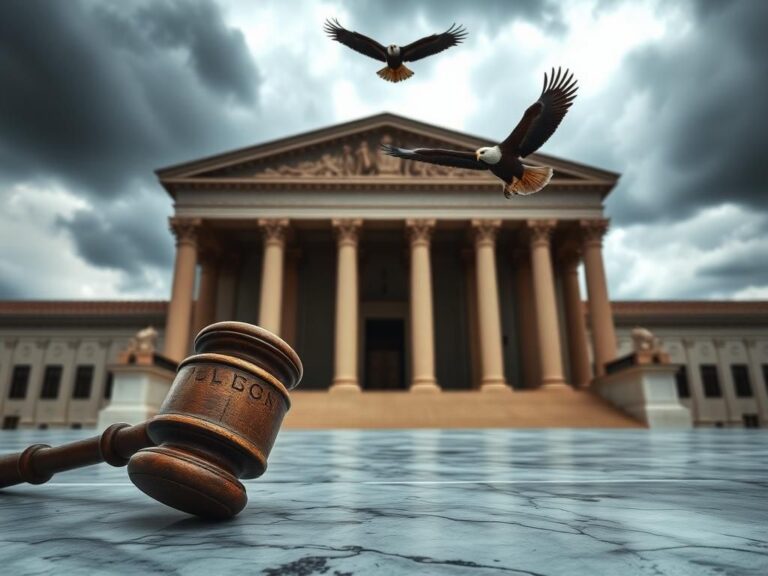 Flick International A weathered gavel on a marble surface in front of the U.S. Supreme Court under an overcast sky