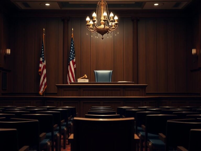 Flick International A courtroom scene featuring a wooden judge's bench and an American flag