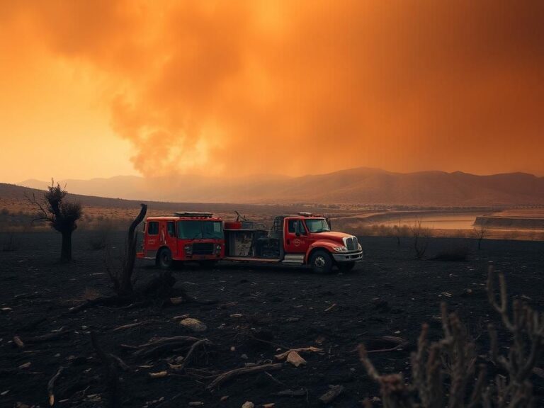 Flick International Scorched landscape in Los Angeles after wildfire, with charred trees and a fire truck