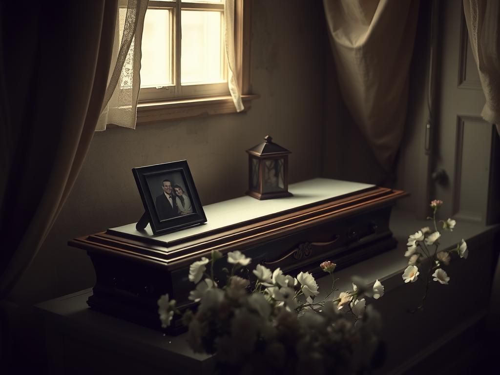 Flick International Ornate wooden coffin on a faded altar surrounded by flowers