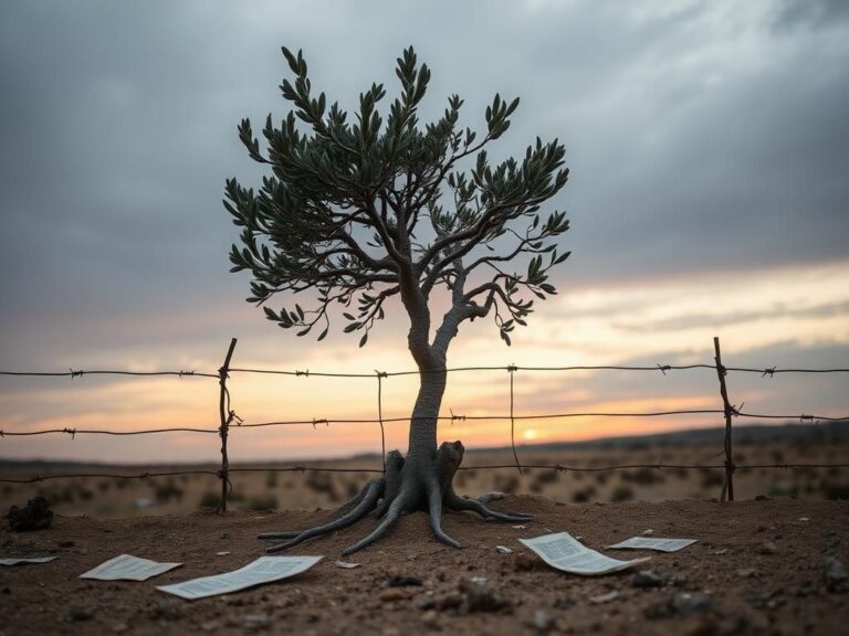 Flick International A barren landscape with a makeshift barrier made of barbed wire and a resilient olive tree symbolizing hope amidst conflict