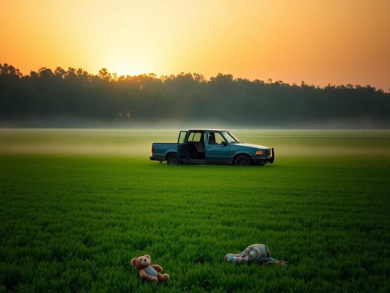 Flick International Serene landscape of a remote Florida sod farm at dawn with an abandoned truck