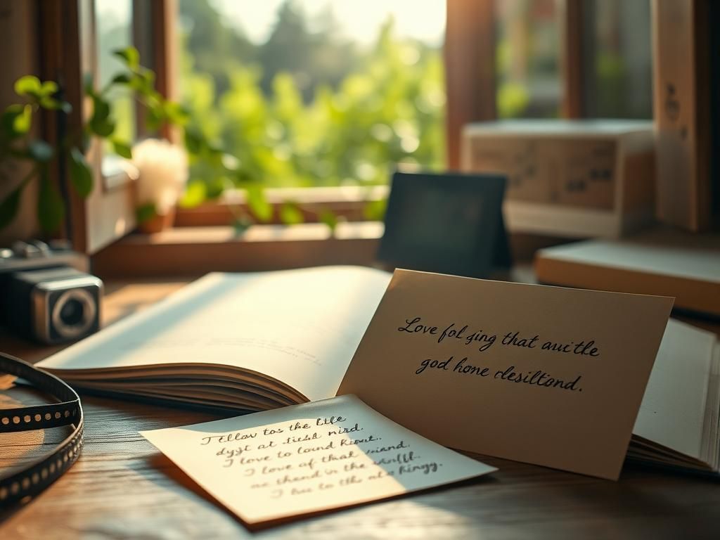 Flick International Close-up of an open book on a wooden table with a handwritten note and greenery in the background