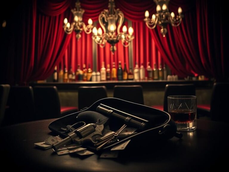 Flick International Dimly lit nightclub interior with liquor bottles and an open handbag revealing a vintage revolver