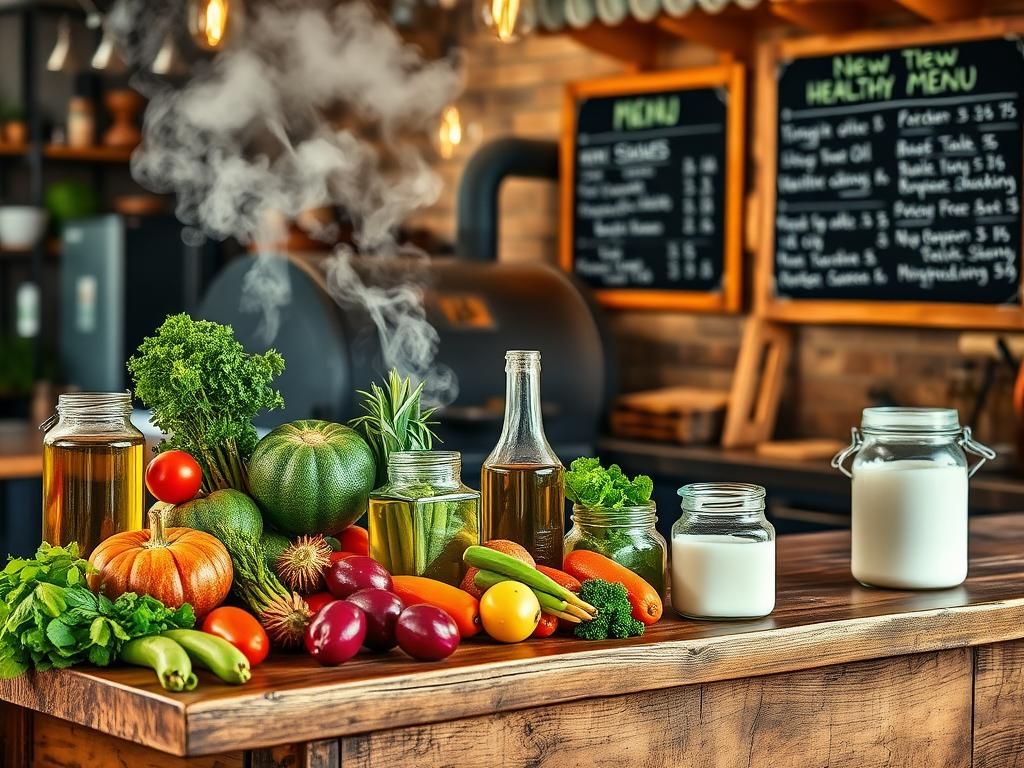 Flick International Rustic barbecue restaurant kitchen showcasing fresh ingredients and healthy cooking oils