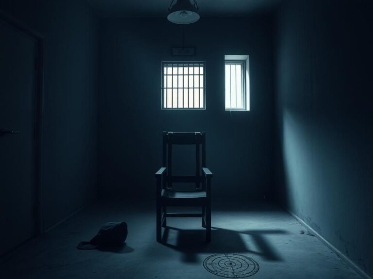 Flick International A dimly lit execution chamber featuring an empty chair with leather straps under harsh lighting