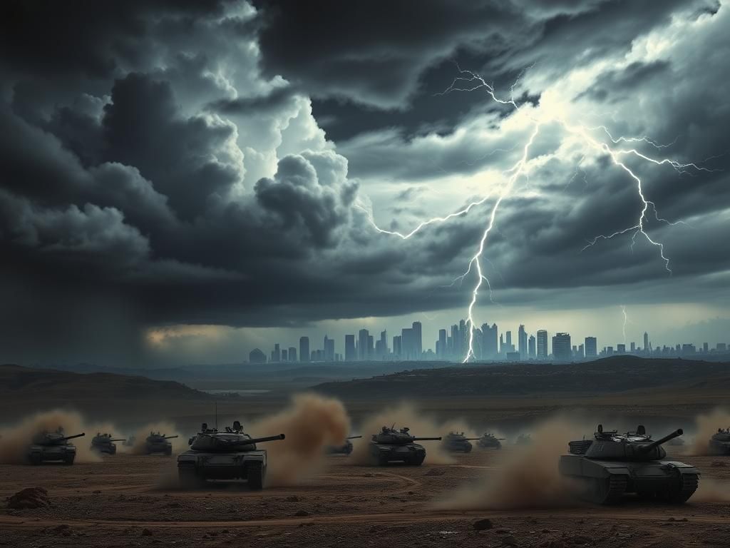 Flick International Stormy landscape with military equipment in a tense Middle Eastern setting