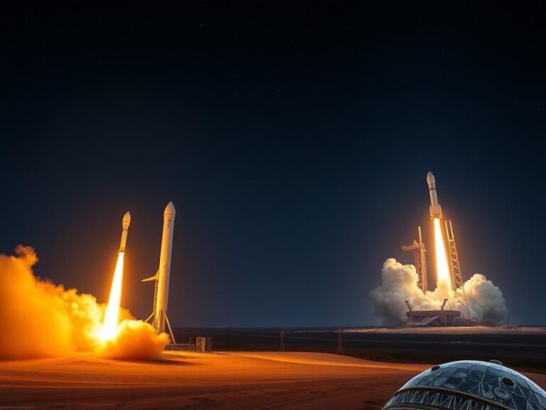 Flick International Dramatic view of a SpaceX rocket launch at night with Starship in the foreground