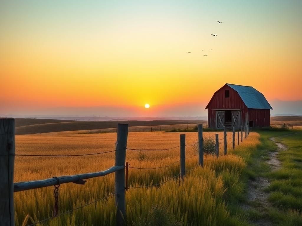 Flick International Serene rural landscape at dawn with golden wheat fields and an old wooden fence