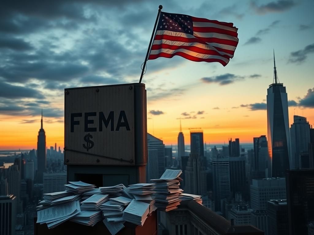 Flick International Dramatic cityscape of New York City at dusk with a focus on FEMA sign and eviction notices