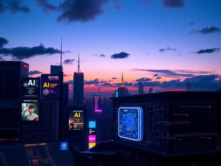 Flick International Futuristic city skyline at dusk with neon lights showcasing AI technologies