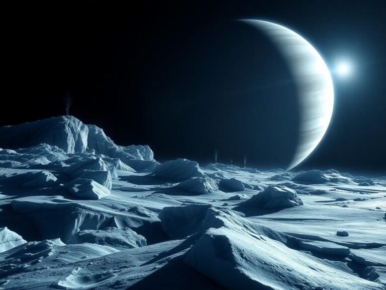 Flick International Dramatic view of Europa, Jupiter's icy moon with ice-covered surface and Jupiter's atmosphere in the background