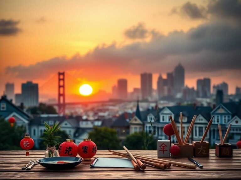 Flick International Panoramic view of San Francisco's skyline at sunset with cultural symbols in the foreground