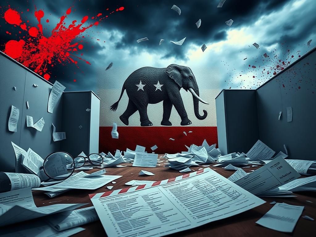 Flick International Chaotic voting booth with scattered papers and a faded elephant symbolizing the Republican Party